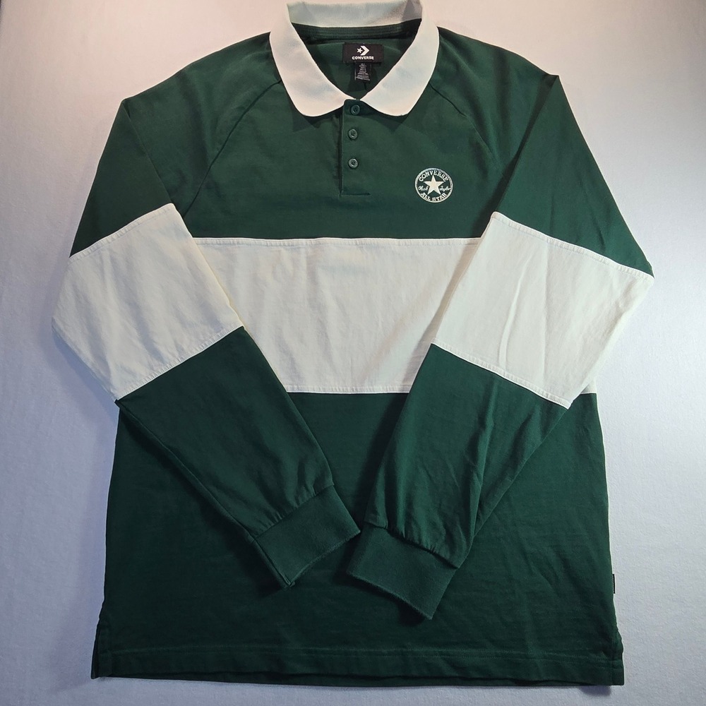 Converse All Star Mens Retro Rugby Shirt Polo Green White Colorblock Large